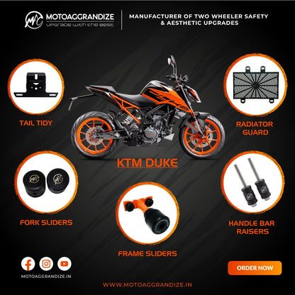 KTM Duke 125/ 200/ 250/ 390 Combo | Frame Sliders, Compact Tail Tidy, Radiator Guard, Fork Sliders, Handlebar Raisers  2-inch